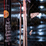 A "Don't Rank Frey" sticker on a pole outside the parking garage where Winston Smith was killed by law enforcement in June, 2021.
