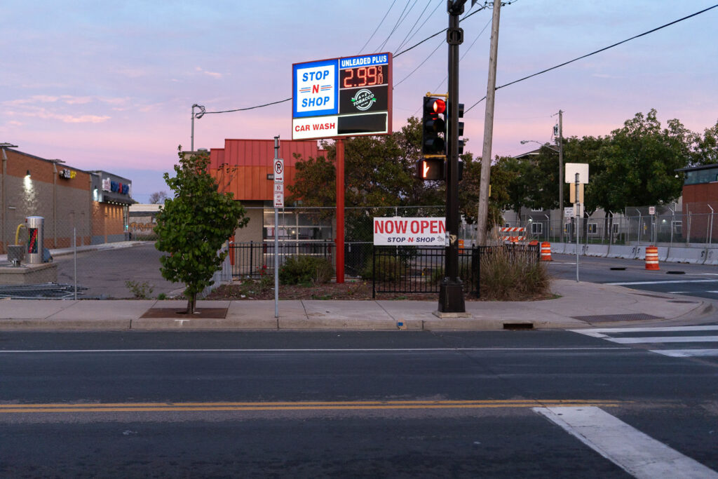 The Stop N Shop, located across from the Minneapolis Police Fifth Precinct, now open after being damaged during unrest.