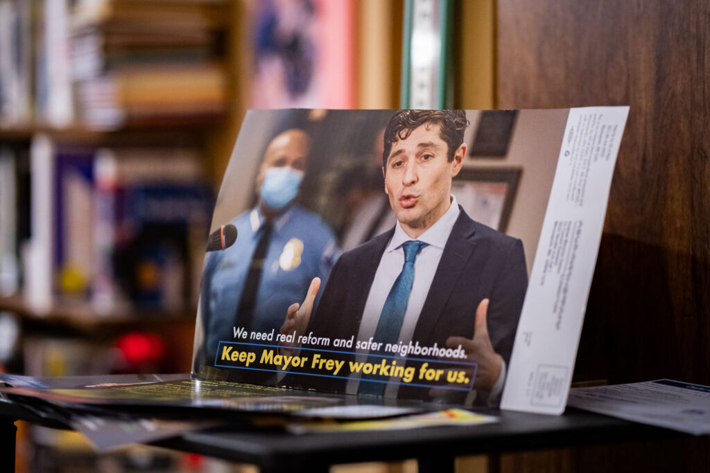 A political mailing in Minneapolis advocating for the re-election of Mayor Jacob Frey.