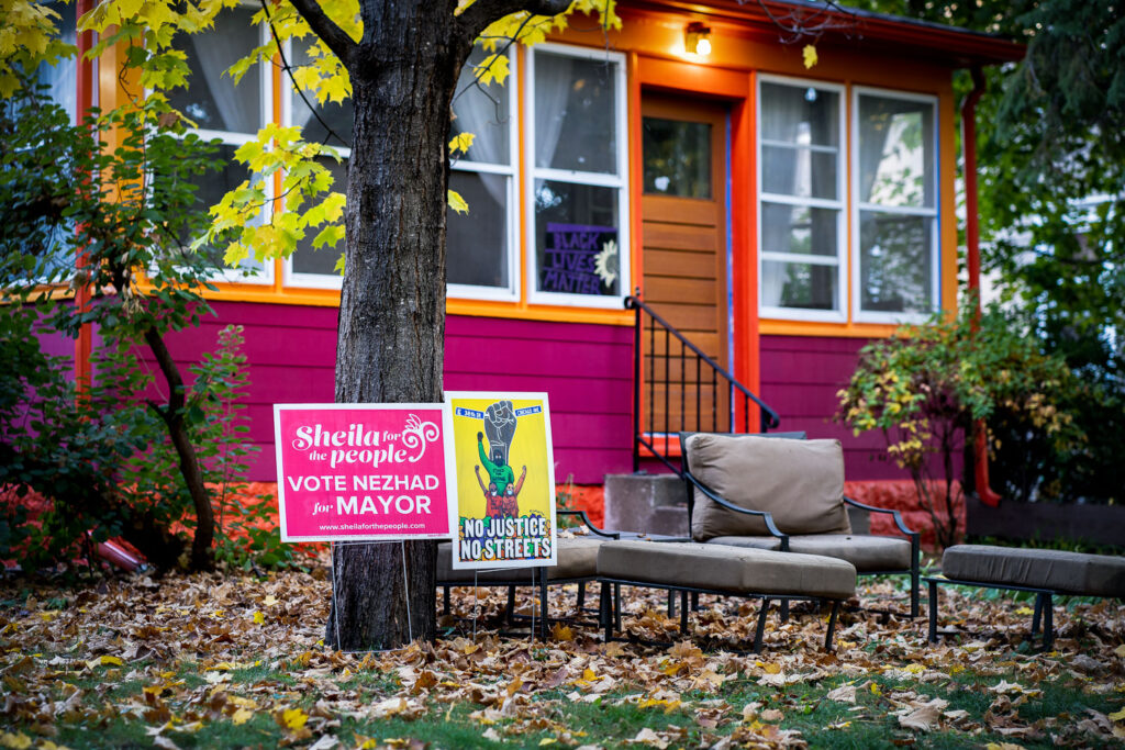 A Sheila Nezhad for Minneapolis Mayor yard sign in South Minneapolis
