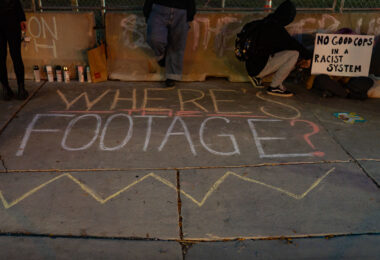 Protesters asking "Wheres the footage?" in regards to the shooting death of Winston Smith by law enforcement on June 3rd, 2021.