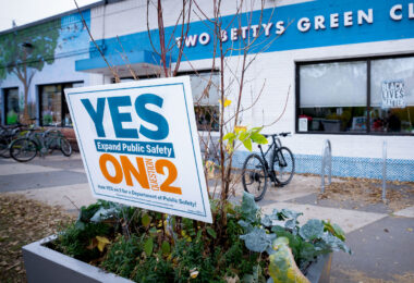 A "YES ON 2" yard sign on Minnehaha Ave during Open Streets.