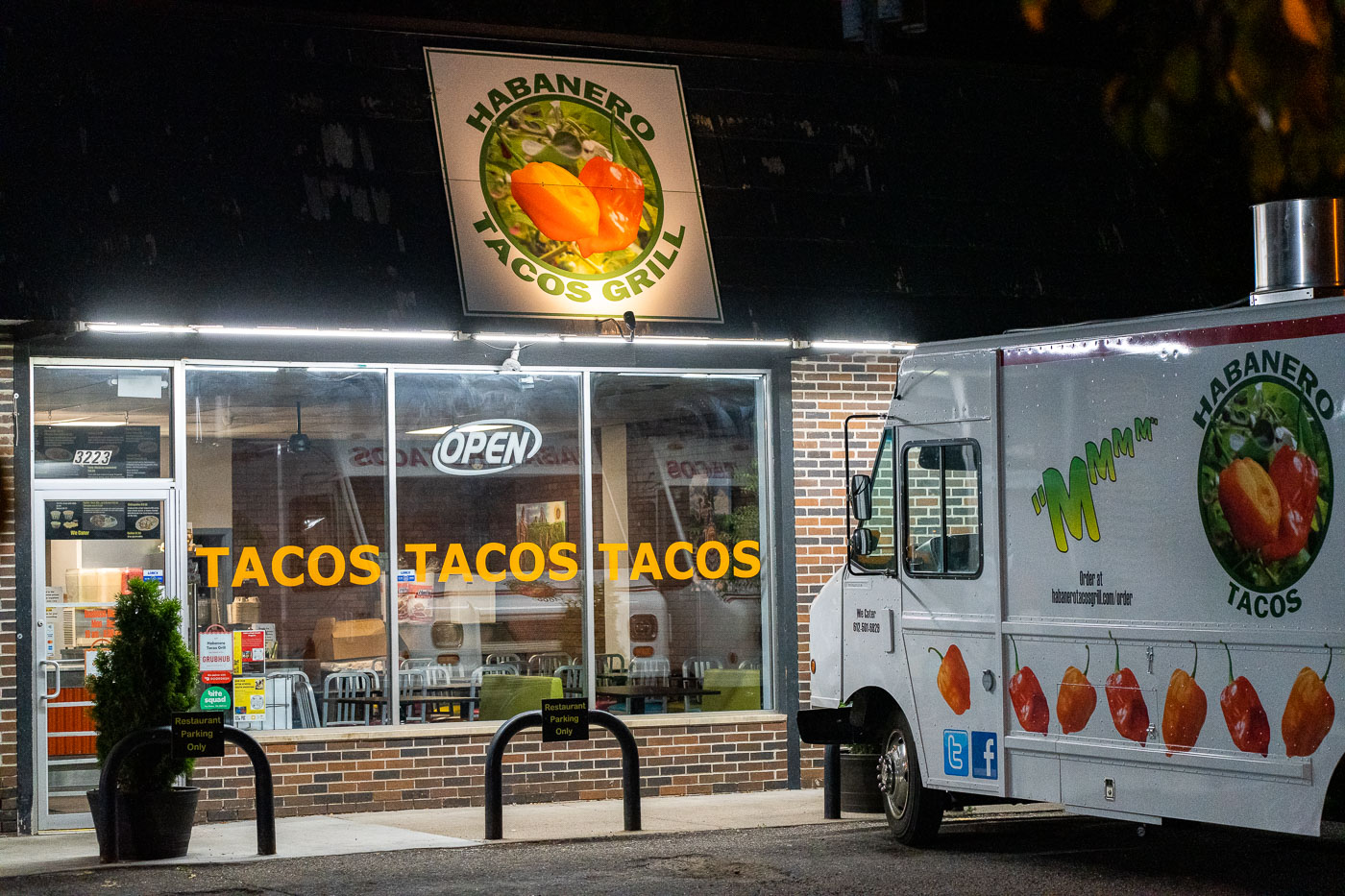 Habanero Tacos Grill on Lake Street at Night