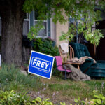 Mayor Jacob Frey and “No Justice No Peace” yard sign seen in Minneapolis during Open Streets Lyndale Avenue.