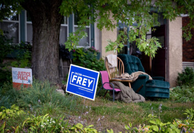 Mayor Jacob Frey and “No Justice No Peace” yard sign seen in Minneapolis during Open Streets Lyndale Avenue.
