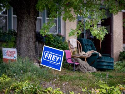 Jacob Frey Yard Sign and "No Justice No Peace" Sign, Minneapolis
