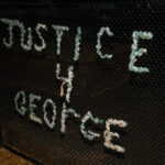 "Justice 4 George" yarn art on fencing at Lake Country School in South Minneapolis.
