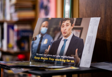 A political mailing in Minneapolis advocating for the re-election of Mayor Jacob Frey.