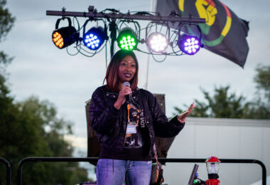 Paris Stevens, George Floyd's cousin, speaks at George Floyd Square on what would’ve been George Floyd's 48th birthday.