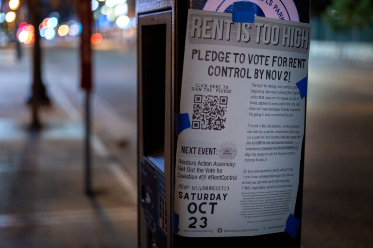 Pledge to vote for rent control 1 A poster regarding the rent control question thats on the Minneapolis ballot for the November 2nd election seen in Uptown Minneapolis.