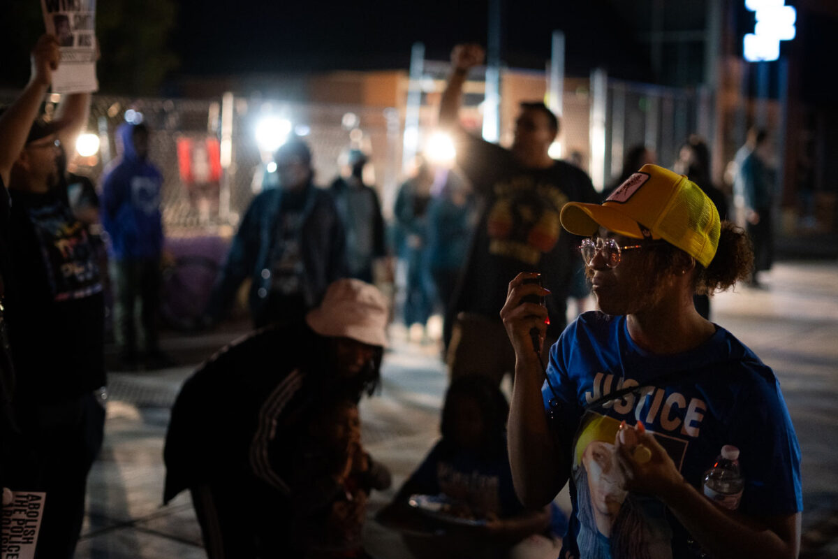 Protesters with megaphone in Uptown Minneapolis