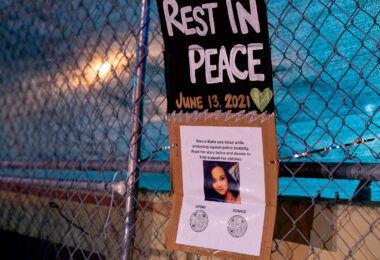 Signs on the fence around Seven Points Mall in Uptown Minneapolis reading:

“Deona Marie was killed while protesting against police brutality. Read her story below and donate to help support her children.”