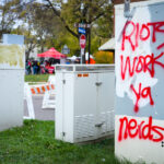“Riots Work Ya Nerds” graffiti seen during Open Streets Minnehaha.
