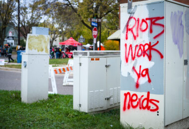 “Riots Work Ya Nerds” graffiti seen during Open Streets Minnehaha.