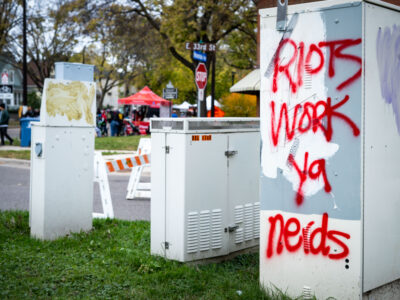 Minnehaha Ave Graffiti: "Riots Work Ya Nerds"