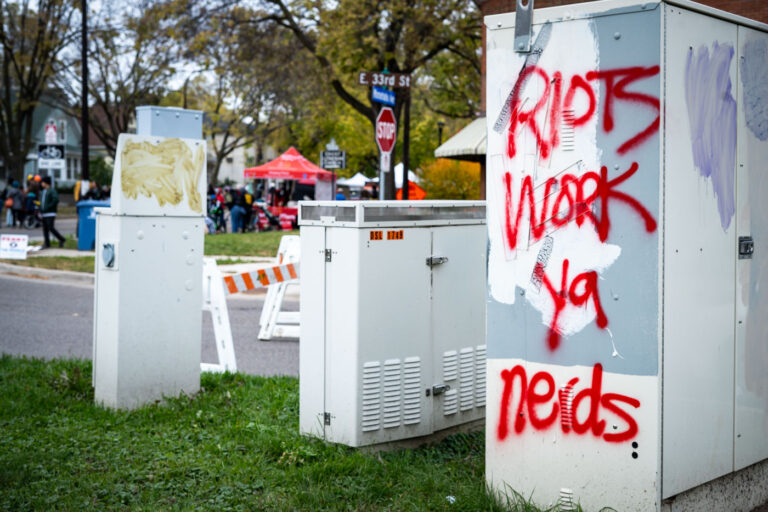 Riots Work Ya Nerds Graffiti 4 “Riots Work Ya Nerds” graffiti seen during Open Streets Minnehaha.