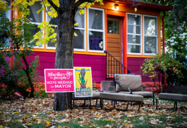 A Sheila Nezhad for Minneapolis Mayor and No Justice No Streets yard sign seen in South Minneapolis.