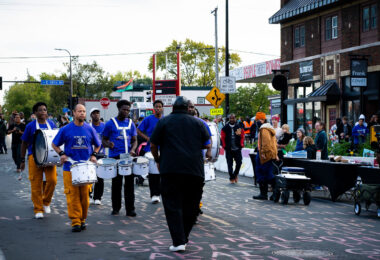 The Pillar of Truth Deliverance Temple Drum Line making it's way down Chicago Avenue at George Floyd Square.
