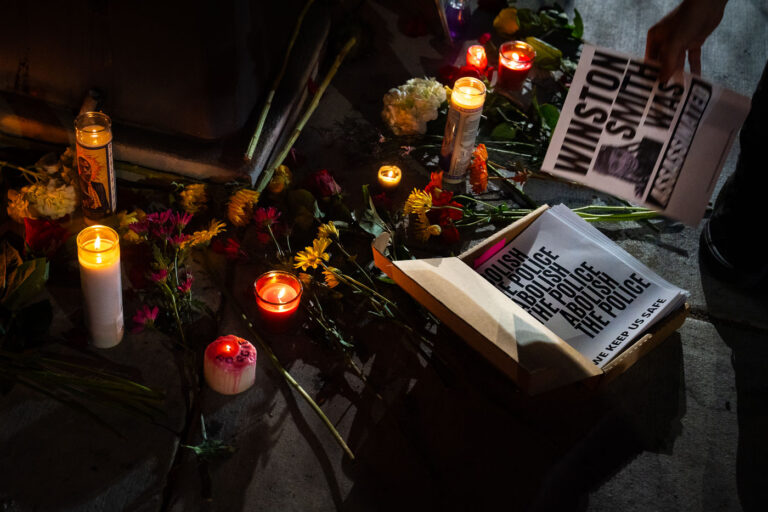 Abolish The Police Protest Signs 2 A vigil for Winston Smith on the 4 month anniversary of his death by law enforcement in Minneapolis. Smith was shot and killed on top of the parking ramp by a federal task force.