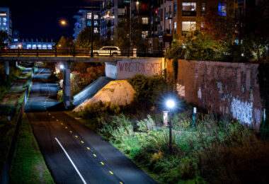 The Midtown Greenway trail in South Minneapolis. Large Winston Smith tag on the right. Smith was killed a block away by federal law enforcement in June 2021.