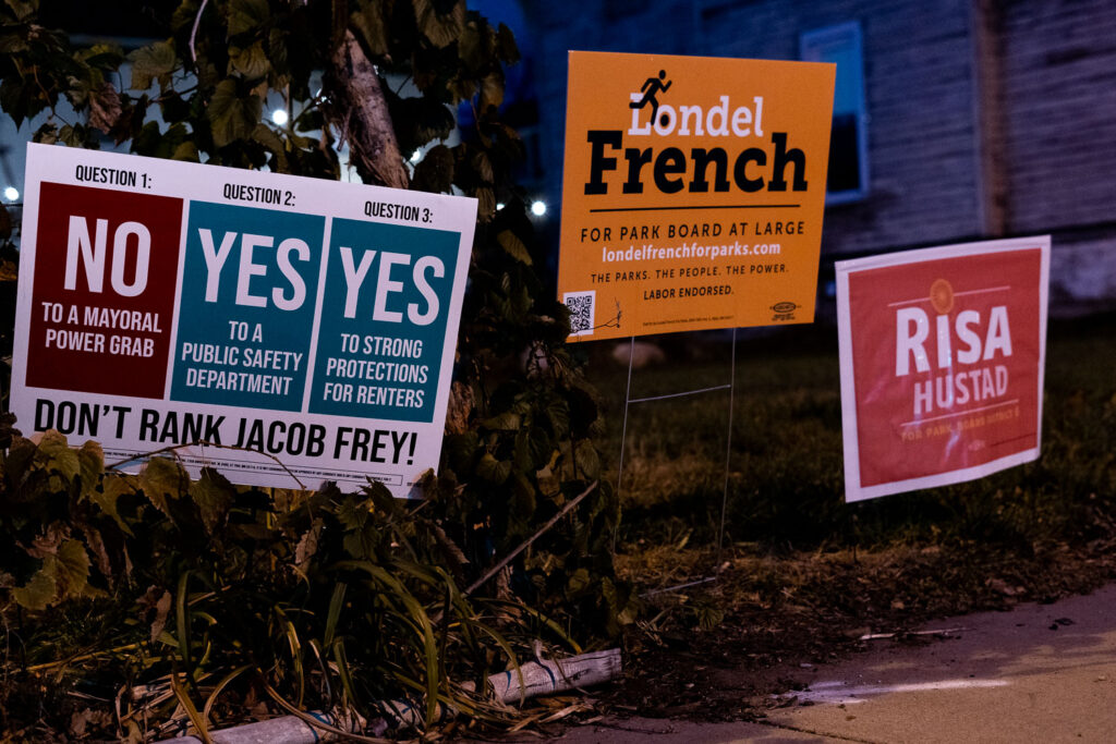 Yard signs in South Minneapolis the night before the election.