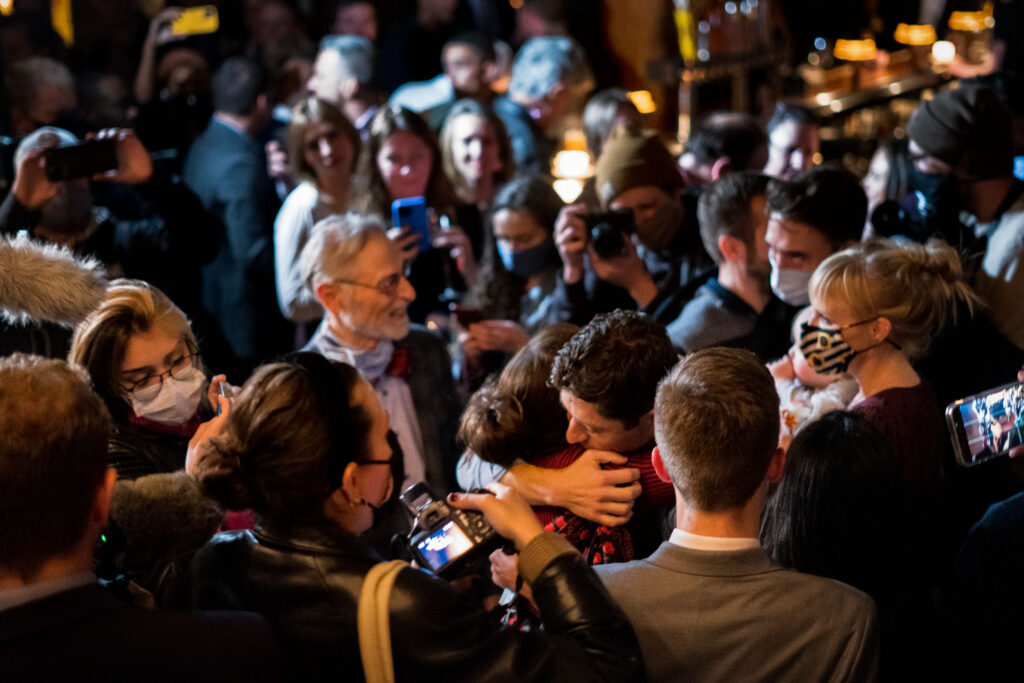 Minneapolis Mayor Jacob Frey meets with supporters at his re-election party near downtown Minneapolis.