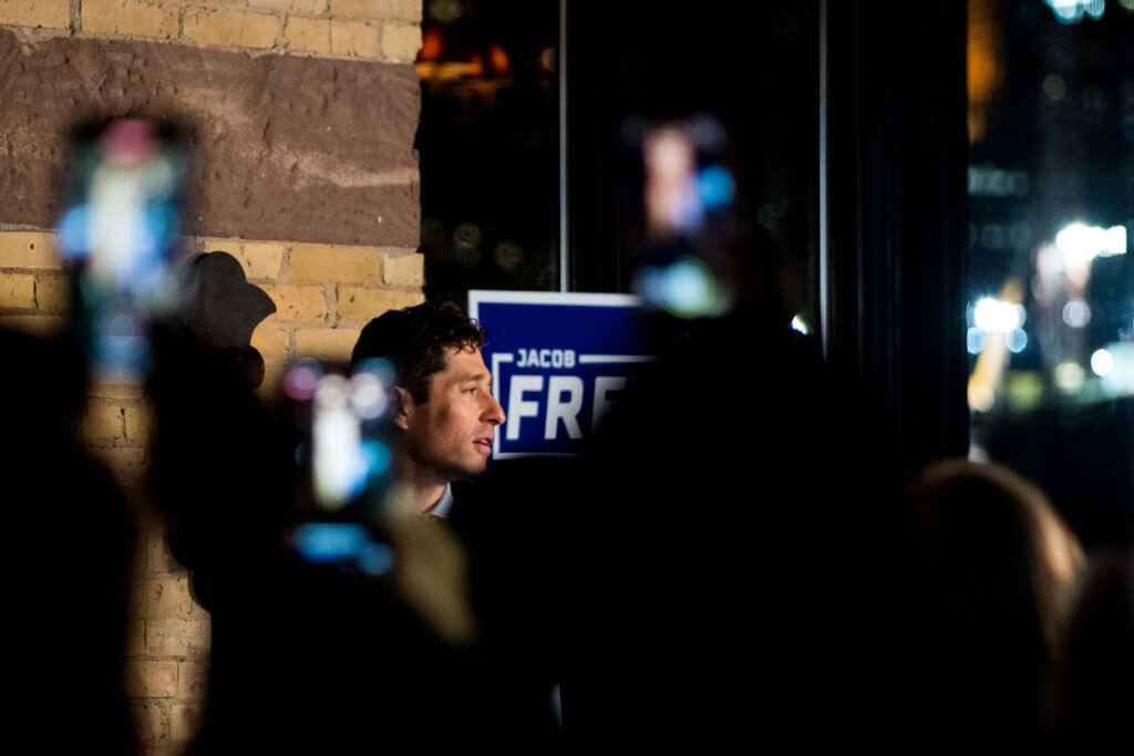 Minneapolis Mayor Jacob Frey meets with supporters at his re-election party near downtown Minneapolis.