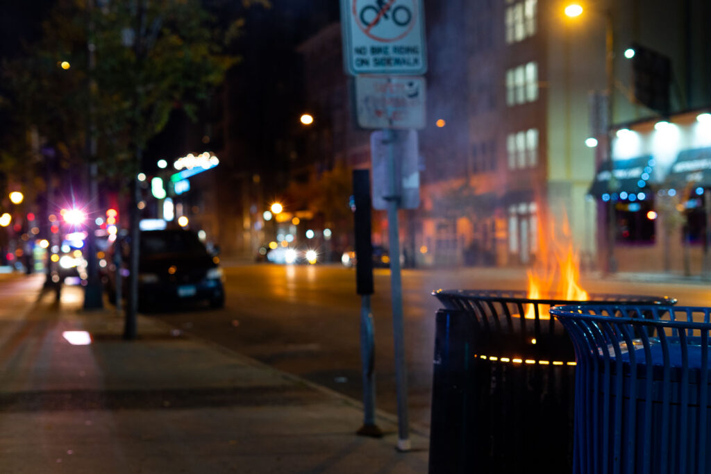 A garbage can fire in Uptown Minneapolis.