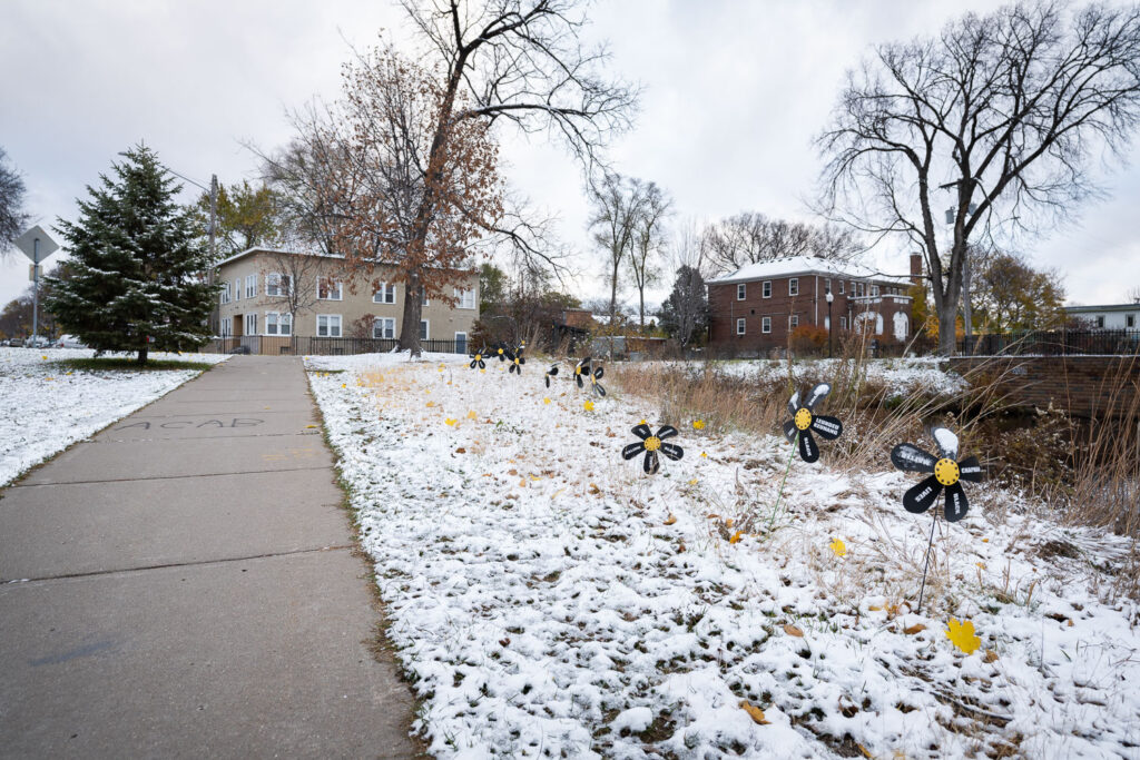 The first morning with snow on the ground of the season from just outside the Say Their Names Memorial.