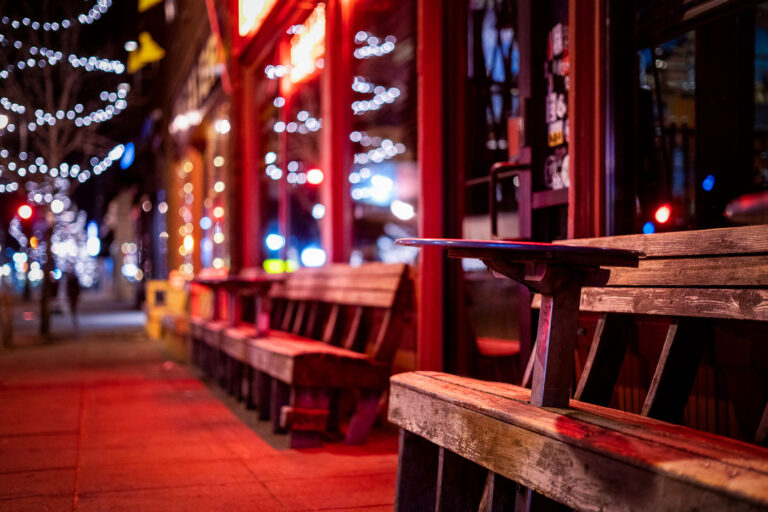 Benches at Bryant Lake Bowl on Lake Street 1 Benches at Bryant Lake Bowl seen on a November evening in Minneapolis.