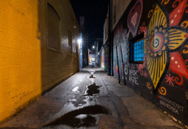 This narrow Uptown alleyway comes alive after dark with the vibrant work of local artist Black Daze, whose murals brighten the service corridors behind Hennepin Avenue’s bars, restaurants, and small storefronts. The deep colors, stylized florals, and swirling patterns contrast sharply with the utilitarian yellow brick wall opposite, highlighting the way Minneapolis’ alleys often double as informal public art galleries. Puddles from a recent rain reflect the overhead security lights, adding texture to a space normally overlooked in the bustle of Uptown’s nightlife.