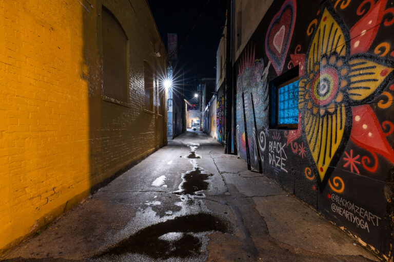 Black Daze in Uptown Alleyway 4 This narrow Uptown alleyway comes alive after dark with the vibrant work of local artist Black Daze, whose murals brighten the service corridors behind Hennepin Avenue’s bars, restaurants, and small storefronts. The deep colors, stylized florals, and swirling patterns contrast sharply with the utilitarian yellow brick wall opposite, highlighting the way Minneapolis’ alleys often double as informal public art galleries. Puddles from a recent rain reflect the overhead security lights, adding texture to a space normally overlooked in the bustle of Uptown’s nightlife.