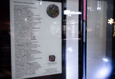 A poem written by Anthony Ceballos on a Hennepin Ave storefront.