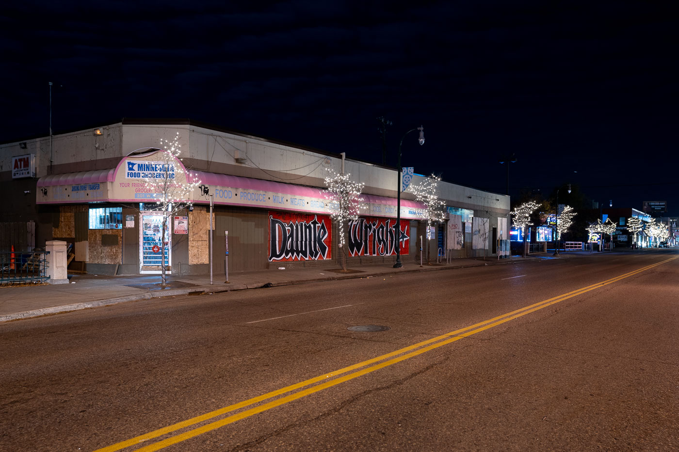 Daunte Wright Mural and Lake Street at night