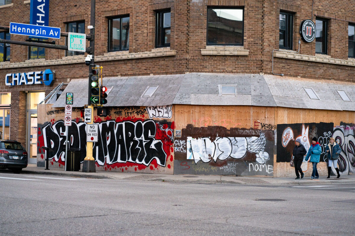 The corner of Hennepin Avenue and Lake Street in Uptown Minneapolis. Deona Marie written on boards around the Seven Points Mall. Deona Marie, a protester, was killed on June 13th when a man drove his vehicle through barricades setup by those demonstrating over the law enforcement shooting death of Winston Smith ten days prior.