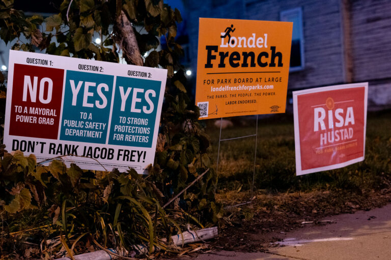 Don't Rank Jacob Frey Yard Sign 1 Londel French, Risa Hosted, and Question 1 2 and 3 yard signs in Minneapolis.