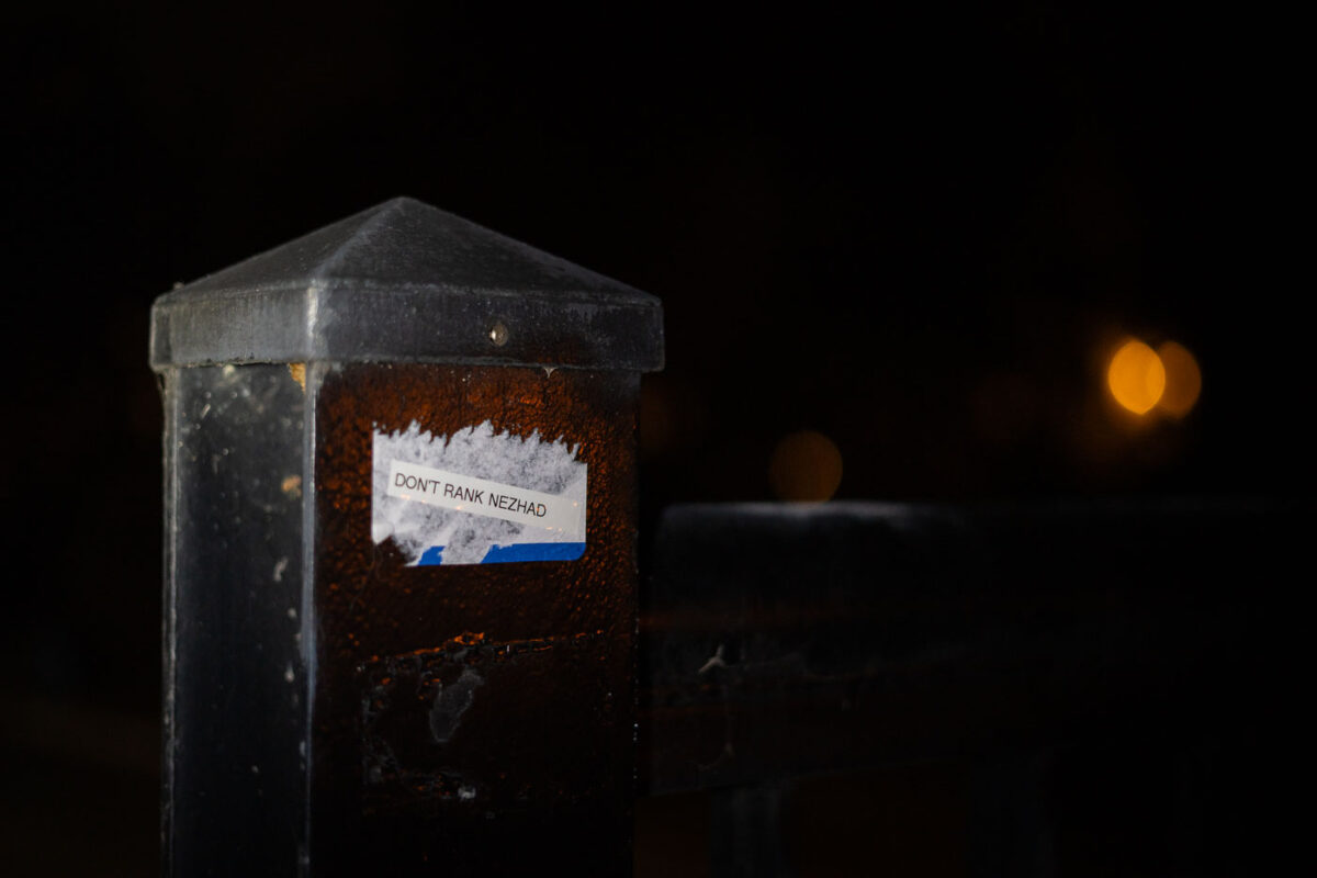 A sticker reading "Don't rank Nezhad" found on the Midtown Greenway.