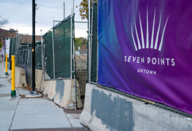 Security fencing and signage on the Seven Points mall parking garage.