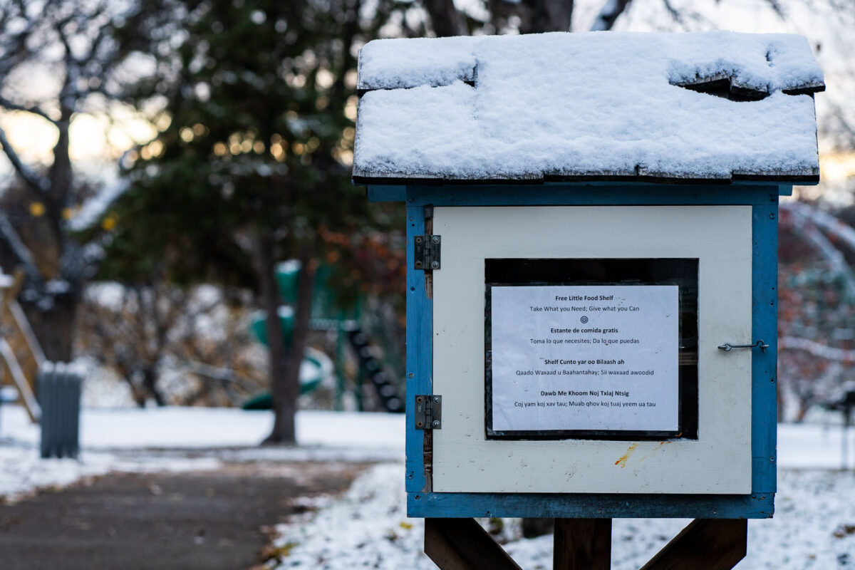 Free Little Food Shelf at Powderhorn Park during the first snow fall of the season.