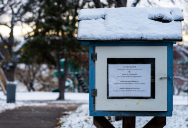 Free Little Food Shelf at Powderhorn Park during the first snow fall of the season.