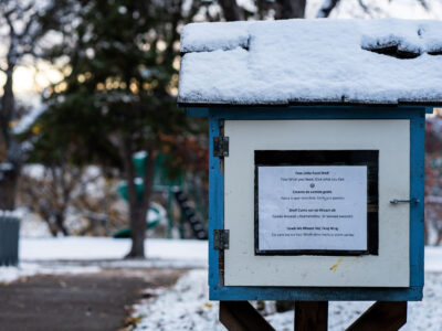 Free Little Food Shelf in Powderhorn Park During First Snowfall