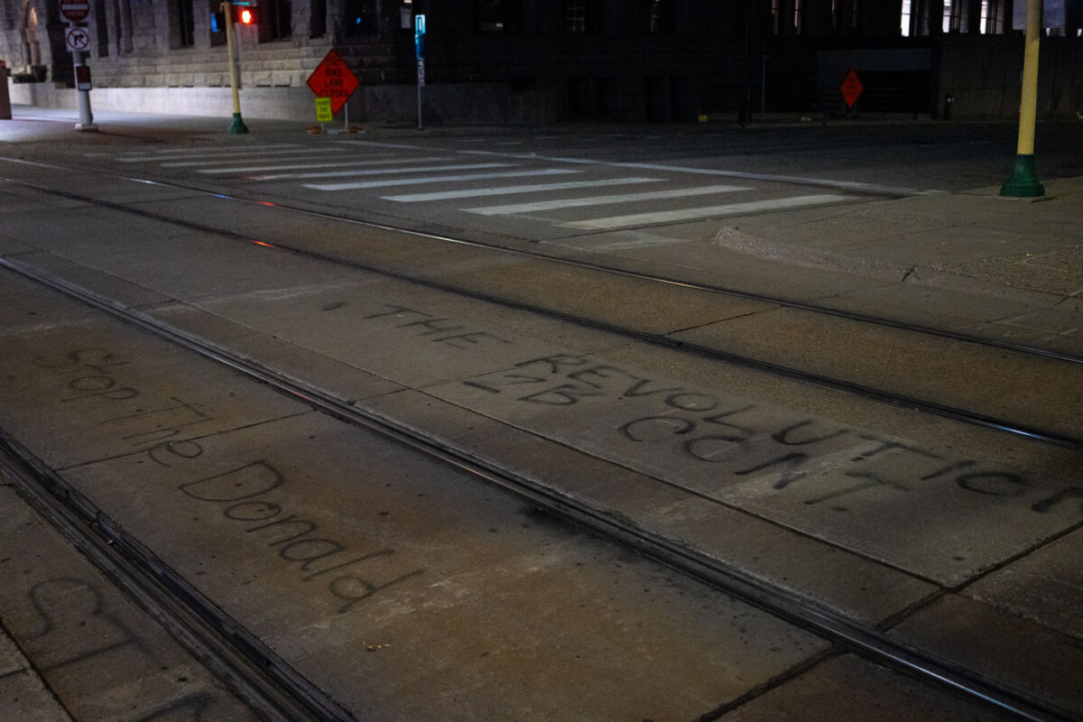 Graffiti on Light Rail tracks outside the Hennepin County Public Safety Facility.