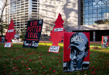 As the 1st juror is selected on day one of the Potter trial, a small group of community activists and protesters are outside the Hennepin County Government Center with large air fresheners in the grass. A prosecutor previously said officers noticed an air freshener hanging from mirror.