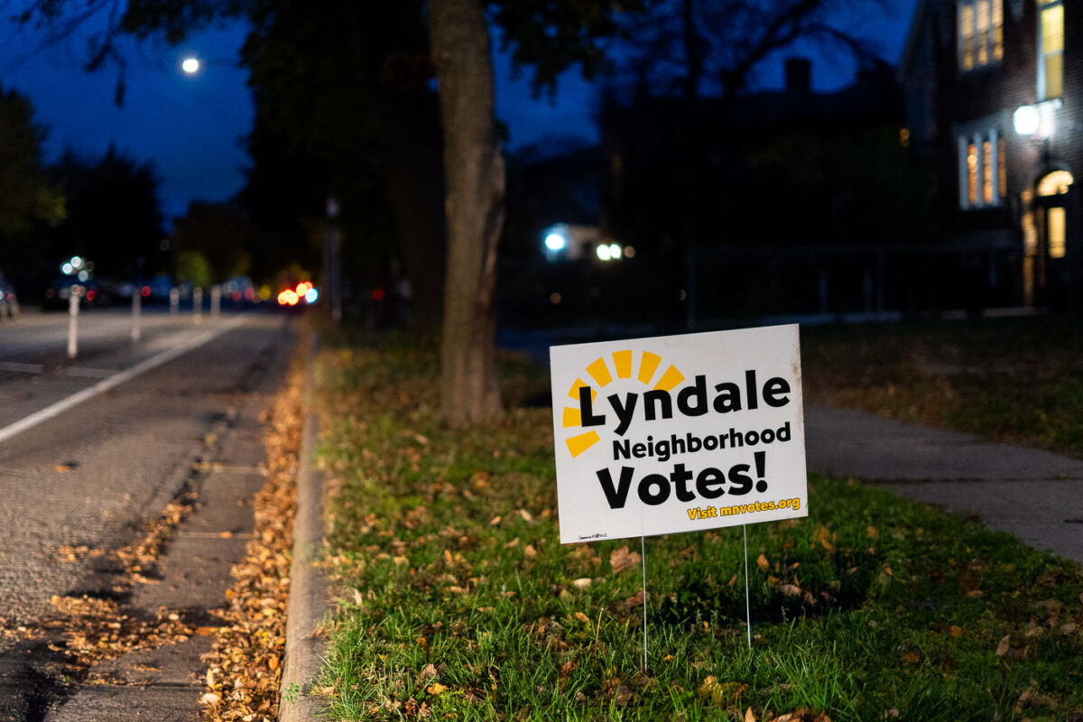 A yard sign reading "Lyndale Neighborhood Votes" seen in South Minneapolis.