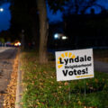 A yard sign reading "Lyndale Neighborhood Votes" seen in South Minneapolis.