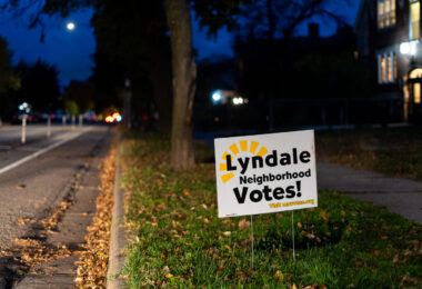 A yard sign reading "Lyndale Neighborhood Votes" seen in South Minneapolis.