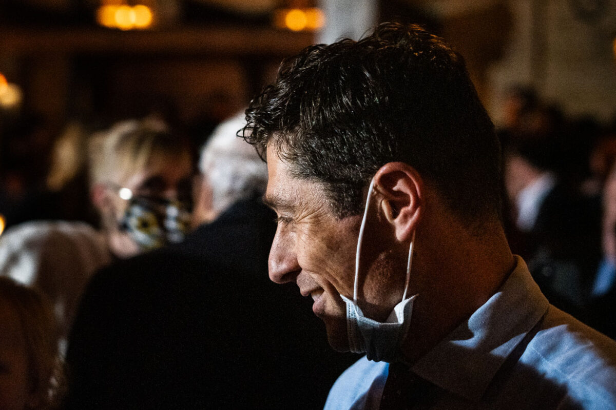 Minneapolis Mayor Jacob Frey meets with supporters at his re-election party near downtown Minneapolis. The next afternoon he was declared the winner with 49% of the vote.