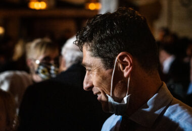 Minneapolis Mayor Jacob Frey meets with supporters at his re-election party near downtown Minneapolis. The next afternoon he was declared the winner with 49% of the vote.