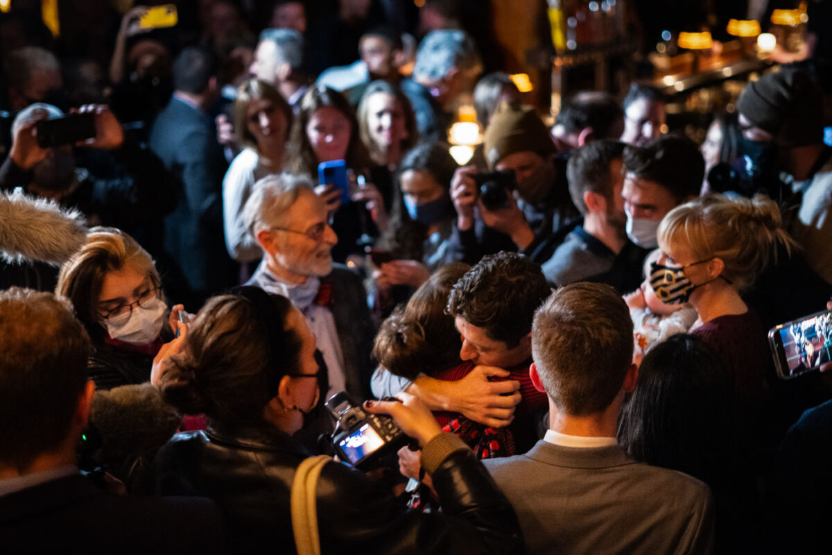 Minneapolis Mayor Jacob Frey meets with supporters at his re-election party near downtown Minneapolis.