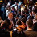 Minneapolis Mayor Jacob Frey meets with supporters at his re-election party near downtown Minneapolis.